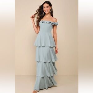 Sage Green Off-the-Shoulder Tiered Maxi Dress